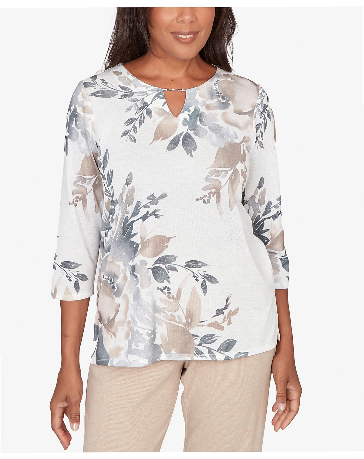Petite Comfort & Joy Asymmetrical Floral Border Crew Neck Top