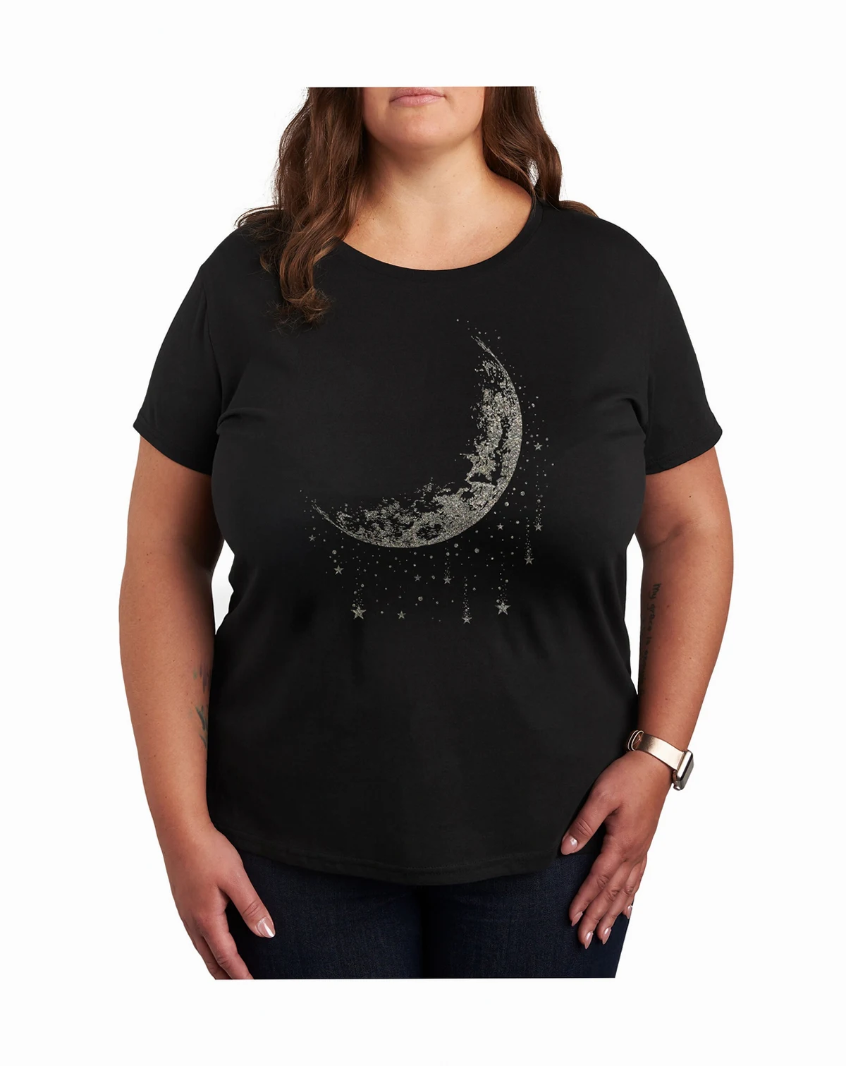 Moon and Falling Stars Metallic Plus Size Graphic T-Shirt