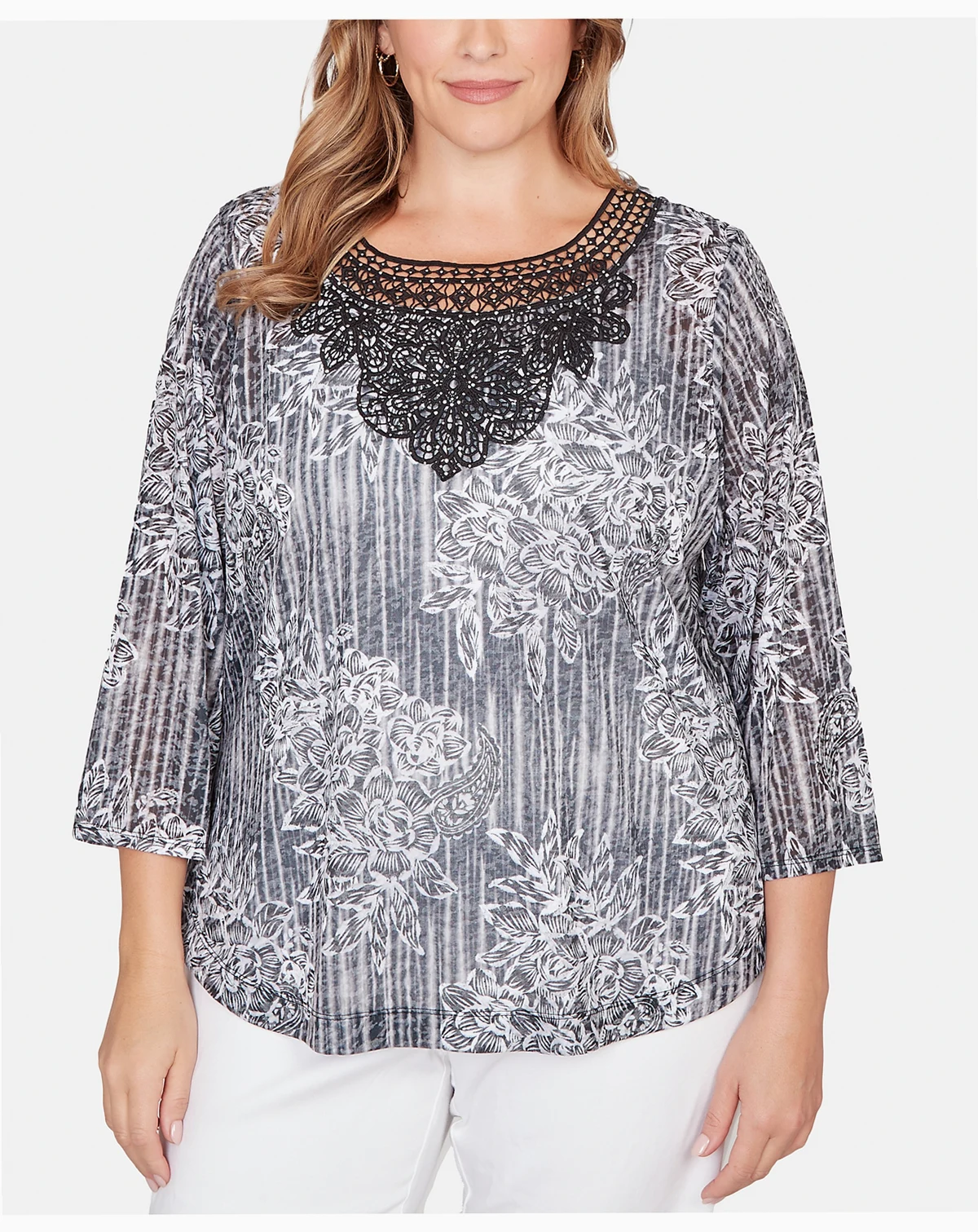 Plus Size Scoop Neck Embellished Layered Floral Slub Knit Top