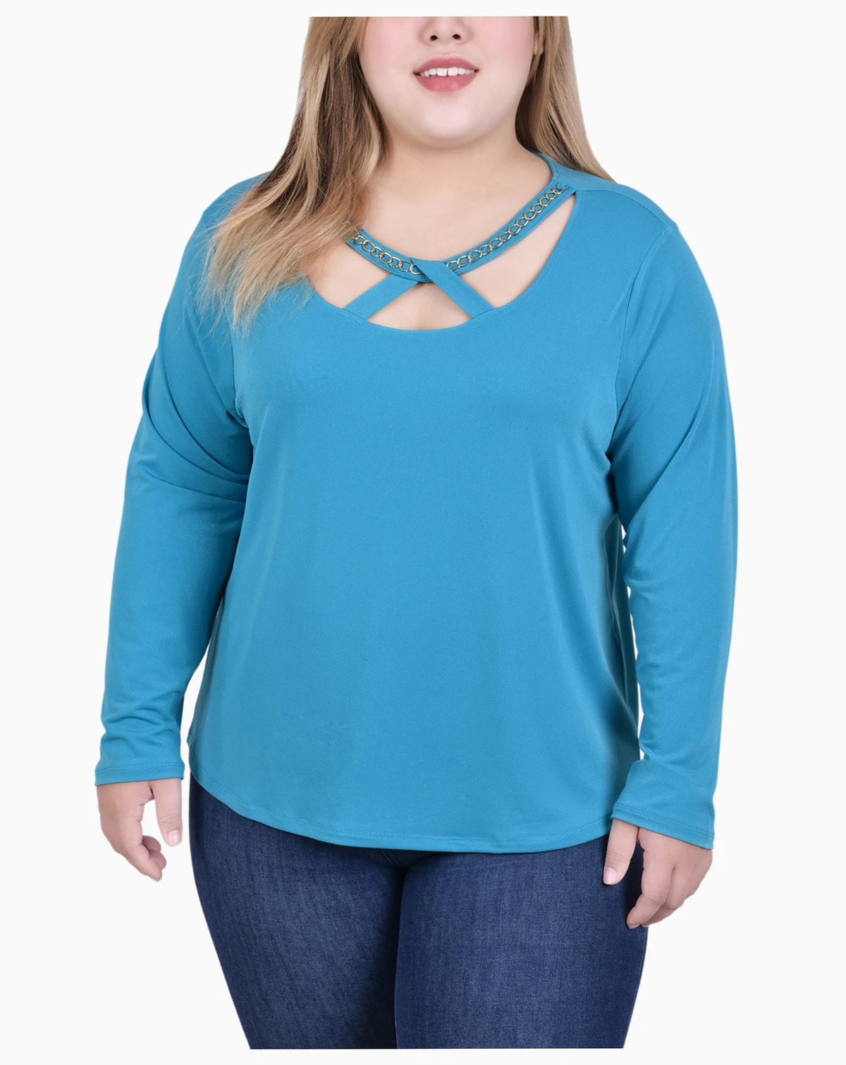 Plus Size Long Sleeve Jeweled Neck Top