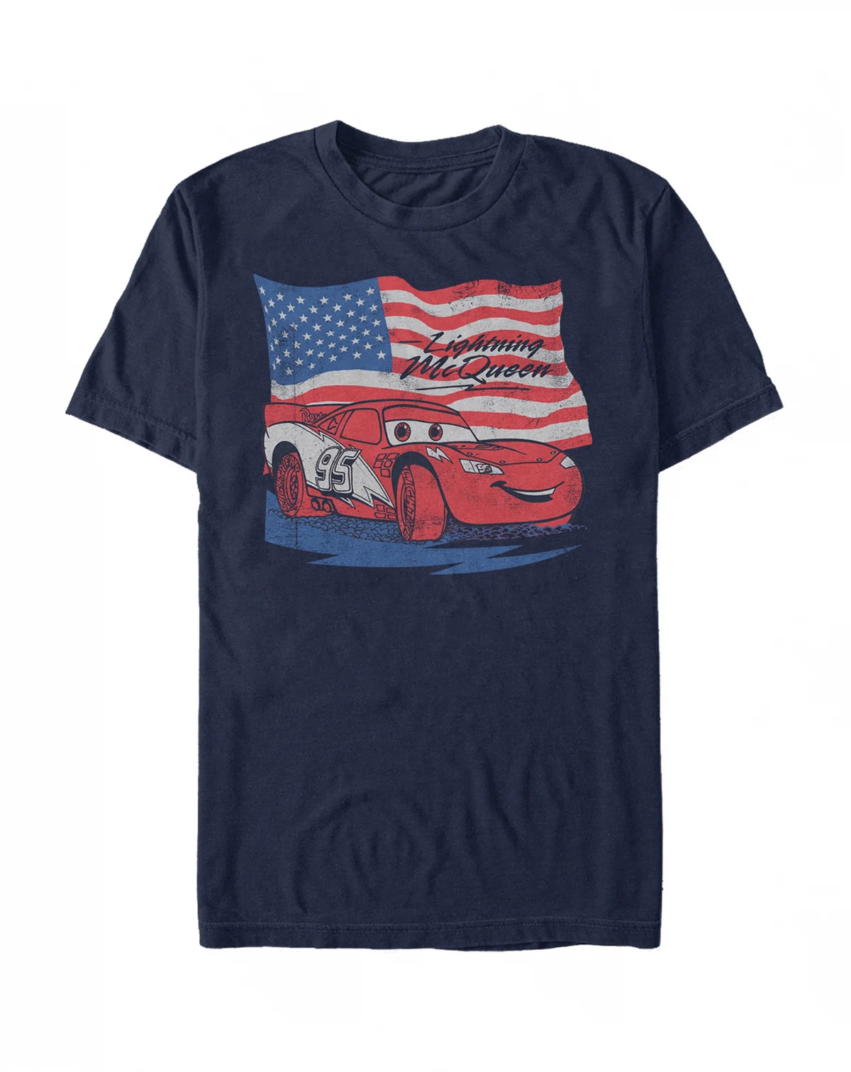 Disney Pixar Men's Cars Lightning McQueen Distressed Flag Short Sleeve T-Shirt