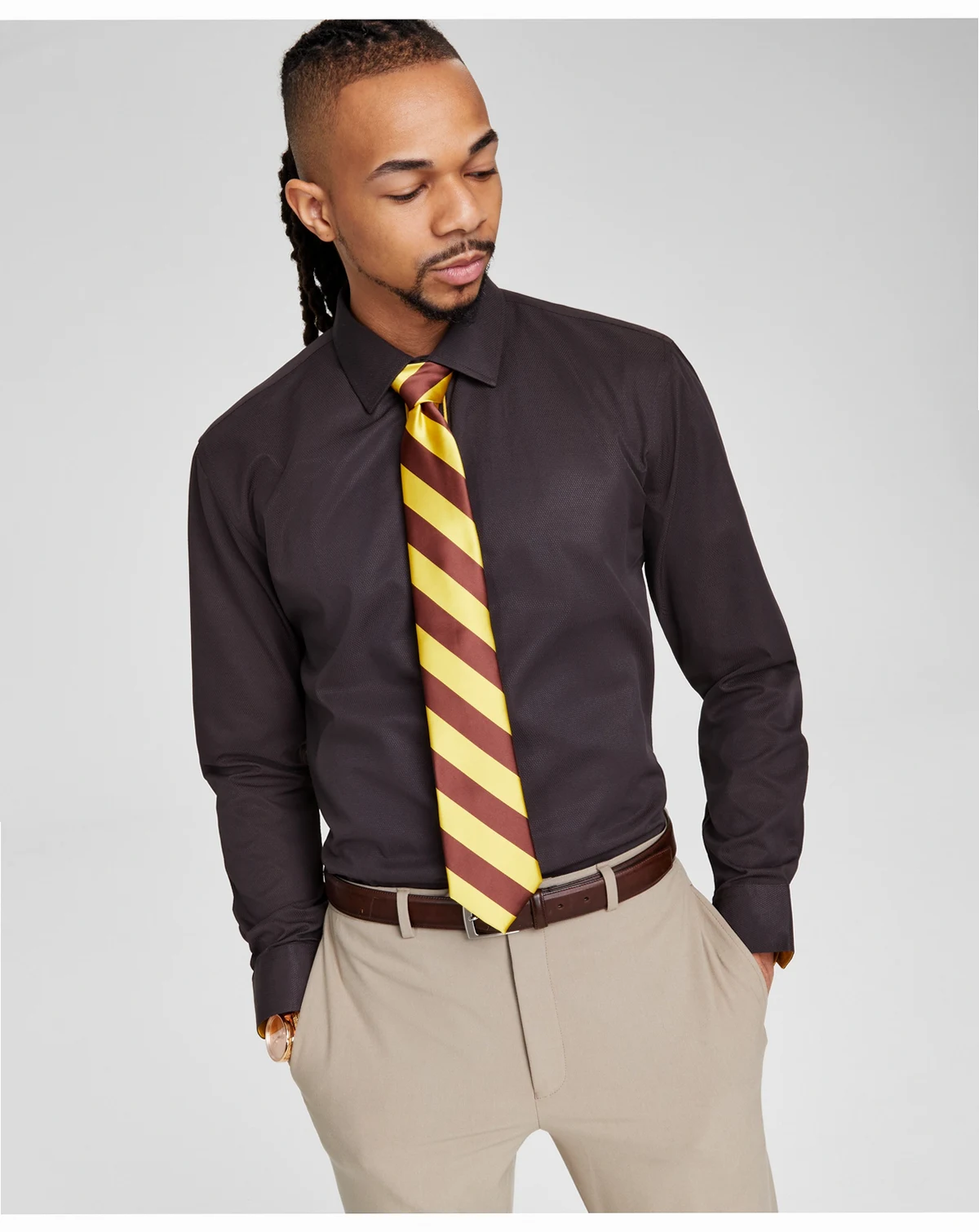 Men's Brown & Gold Slim Fit Dress Shirt