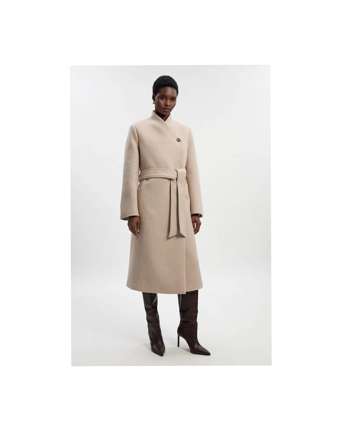 Women's Wool Wrap Neck Tailored Belted Midi Coat