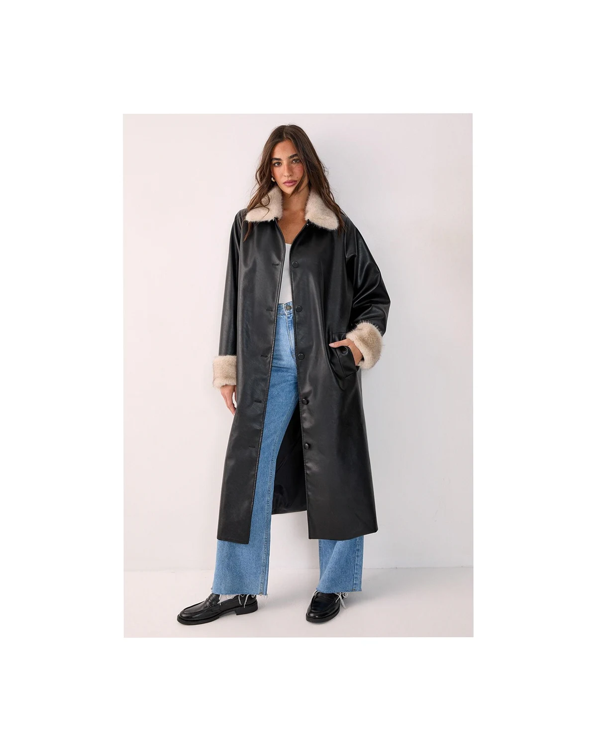 Women's Faux Leather Longline Fur Trim Coat