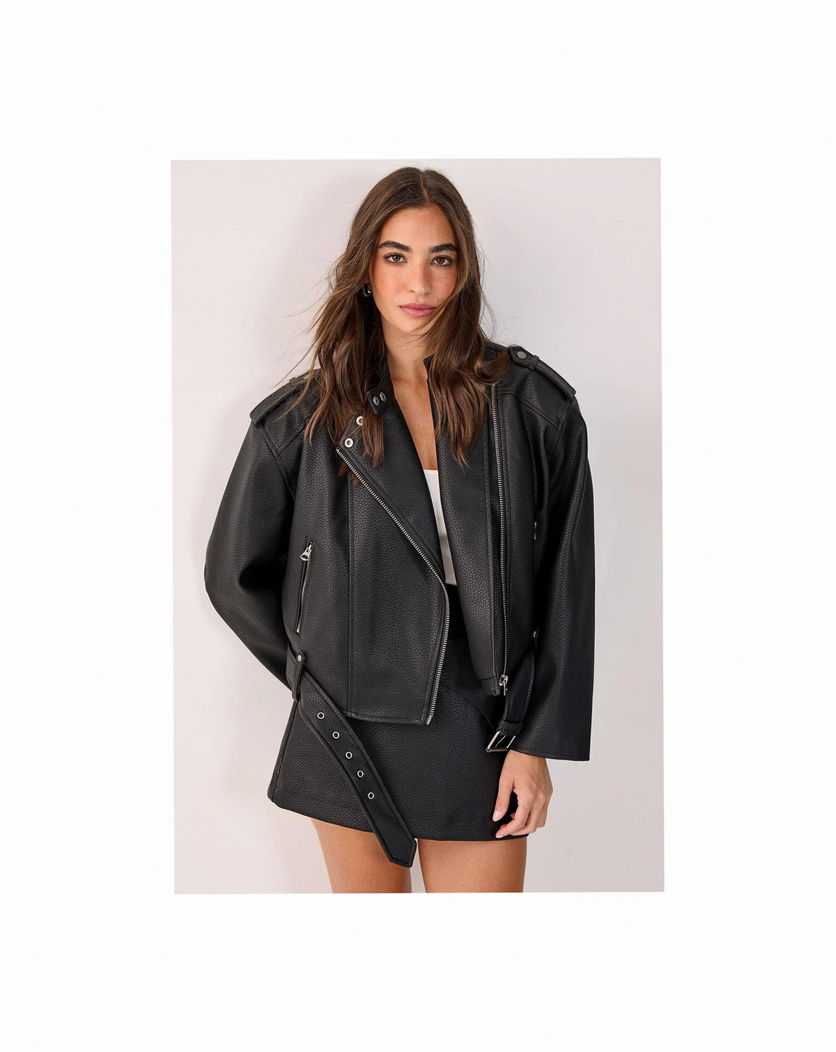 Women's Belted Faux Leather Biker Jacket
