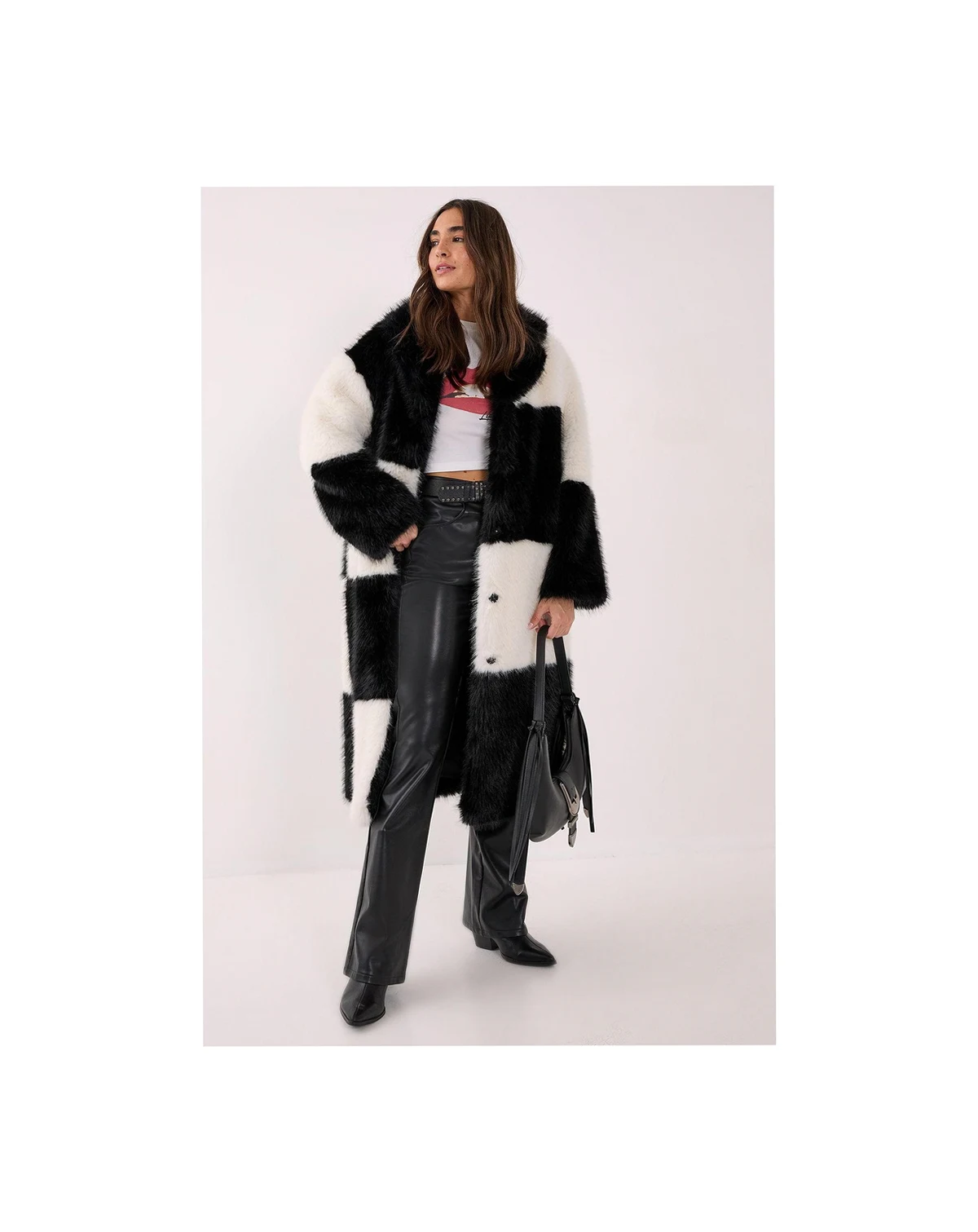 Women's Mono Check Faux Fur Coat