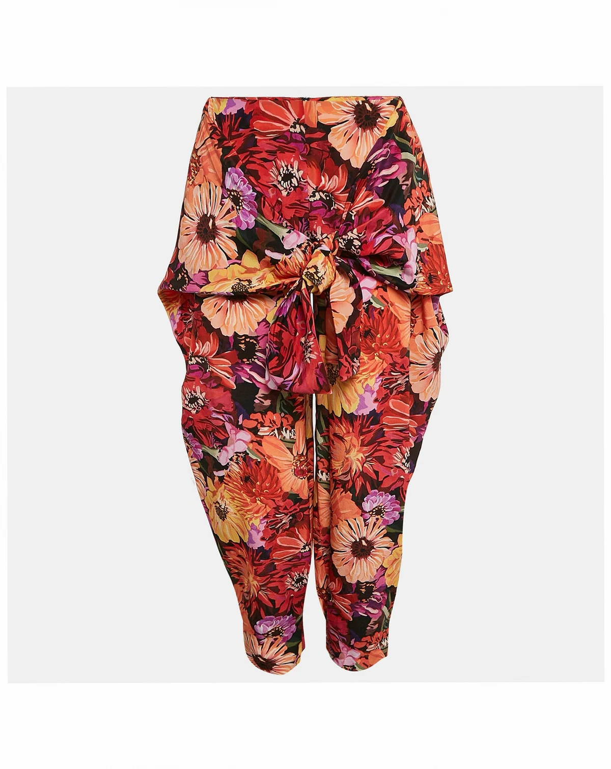 Women's Red Floral Print Silk Tie-Up Trousers
