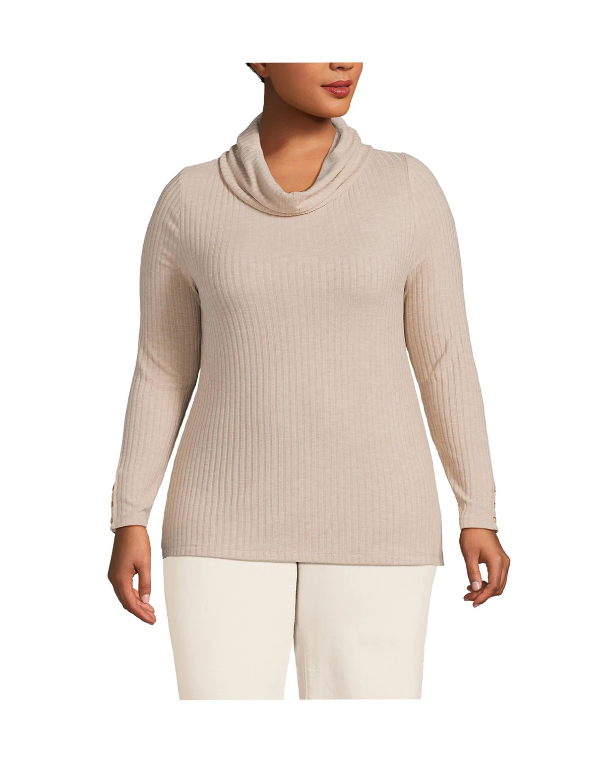 Women's Plus Size Long Sleeve Wide Rib Cowl Neck Tee