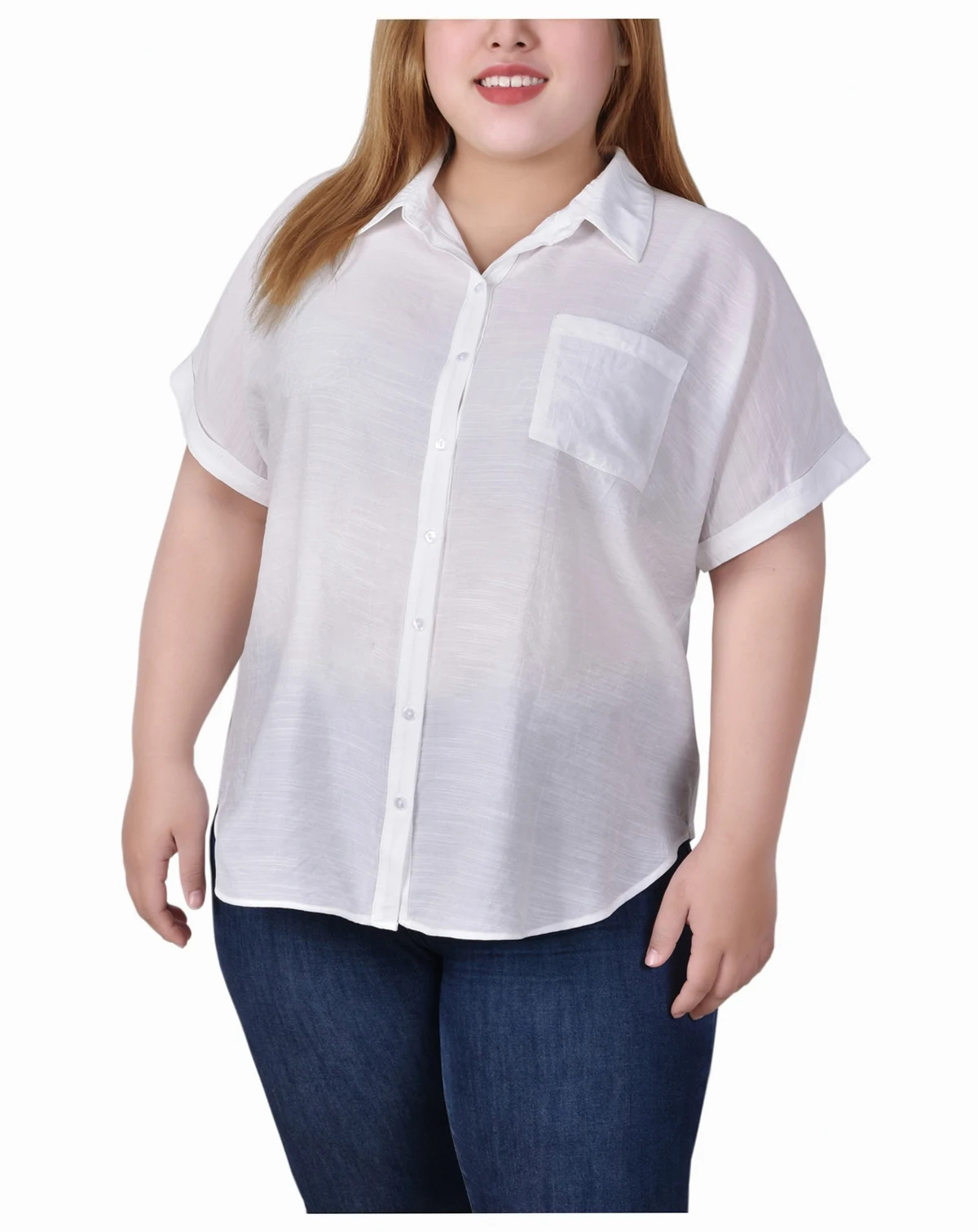 Plus Size Short Sleeve Woven Front and Jersey Back Top