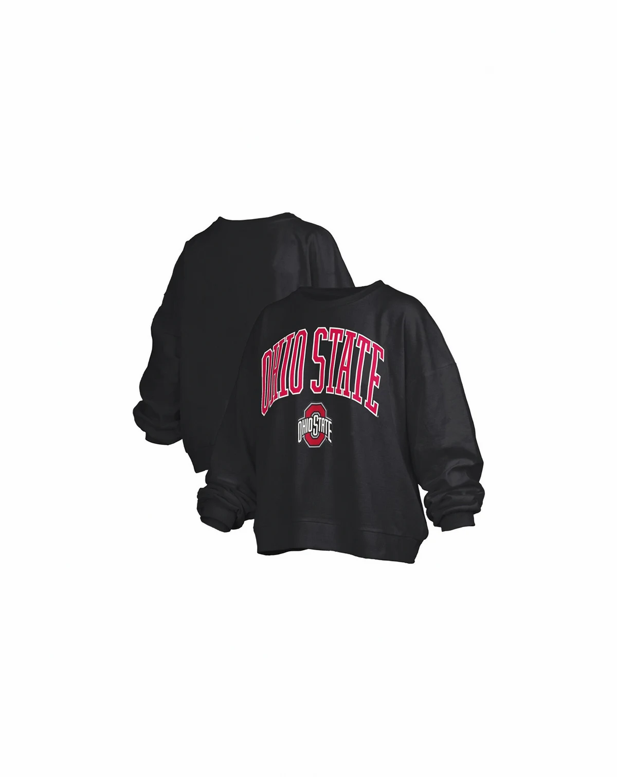 Women's Black Ohio State Buckeyes Janise Arch Over Logo Waist Length Oversized Pullover Sweatshirt