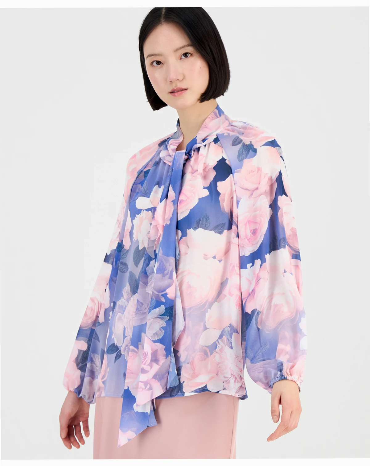 Women's Tie-Neck Blouson-Sleeve Blouse