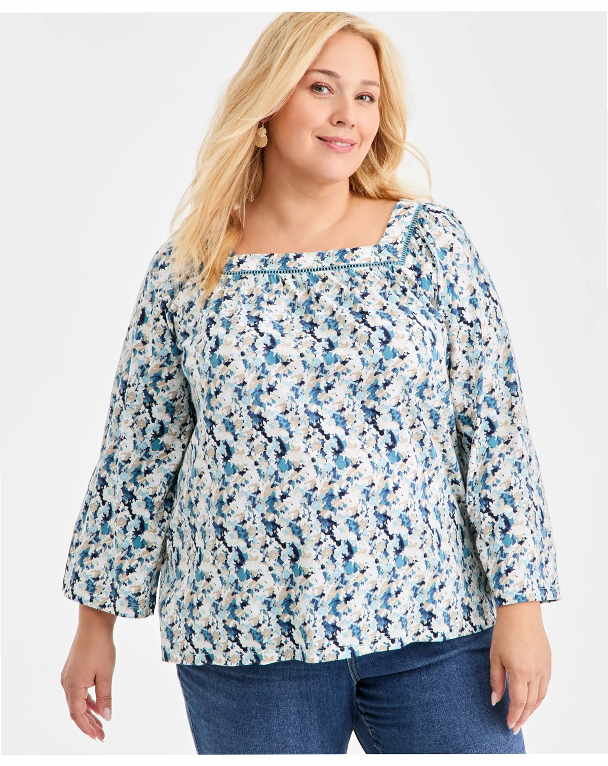 Plus Size Square-Neck Long-Sleeve Knit Top, Macy's Exclusive