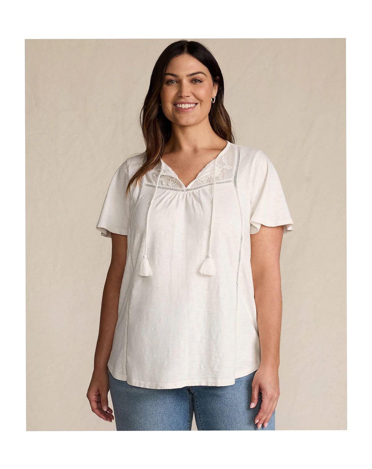 Women's Plus Size Slub Flutter Sleeve Lace Trim Notch Neck Tunic Top