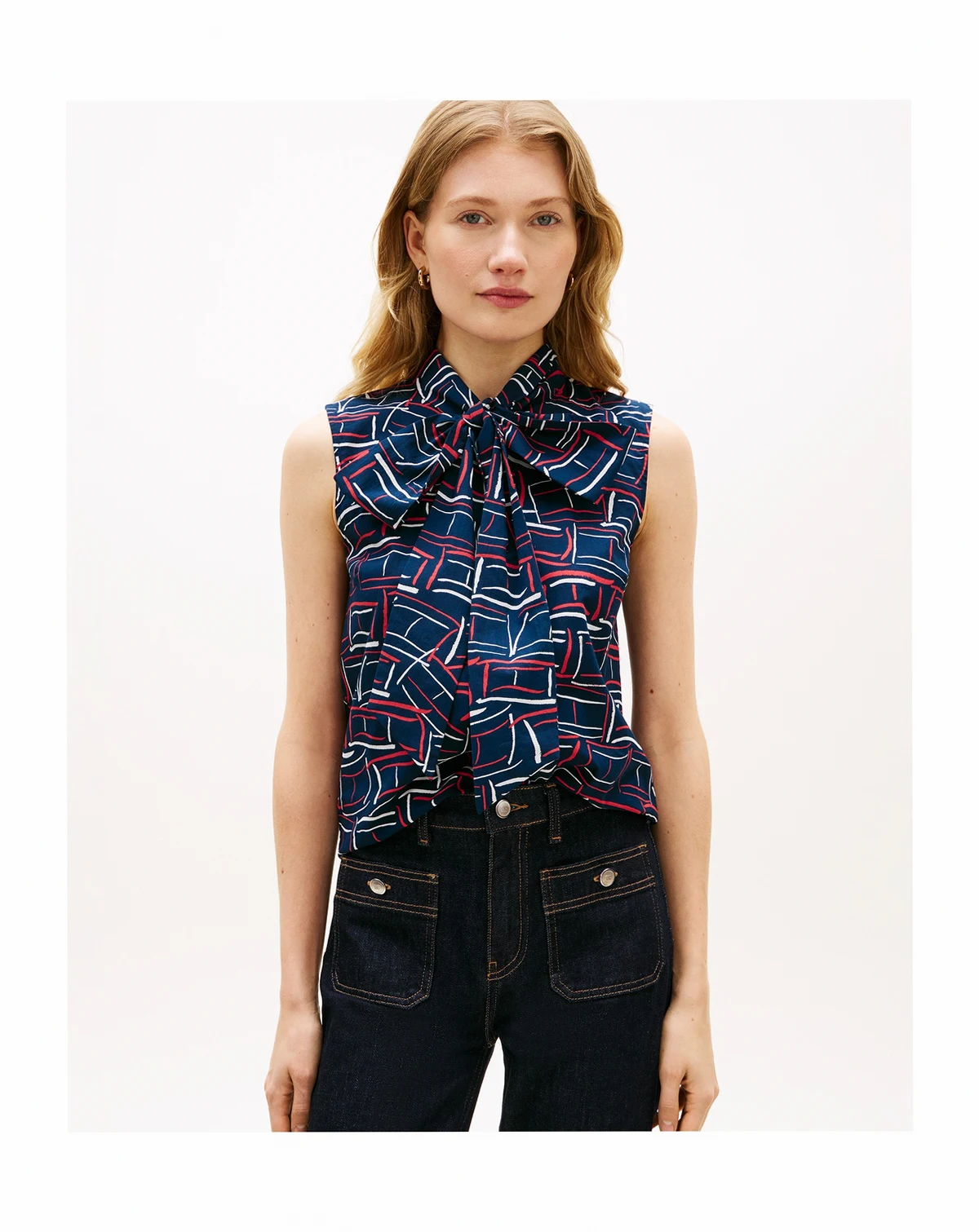Women's Printed Bow Front Sleeveless Shirt