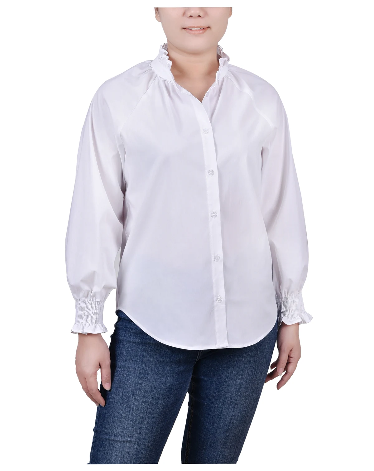 Petite Cinch Sleeve Button Front Blouse