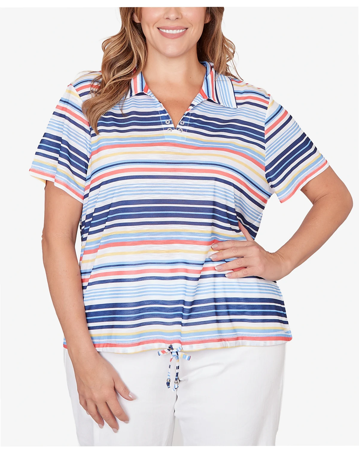 Plus Size Printed Short Sleeve Polo Blouson Top