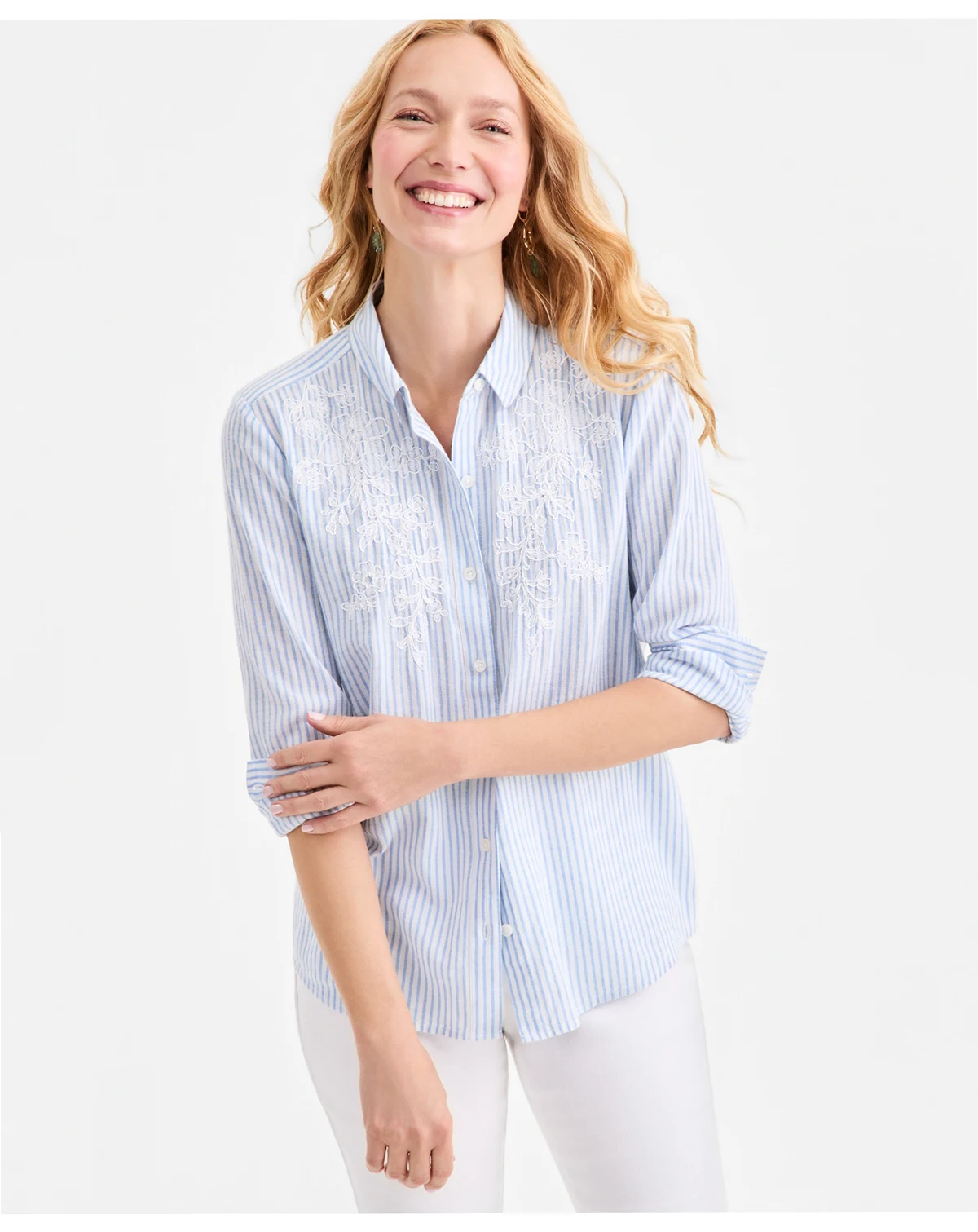 Petite Collared Neck Embroidered Detail Shirt, Macy's Exclusive