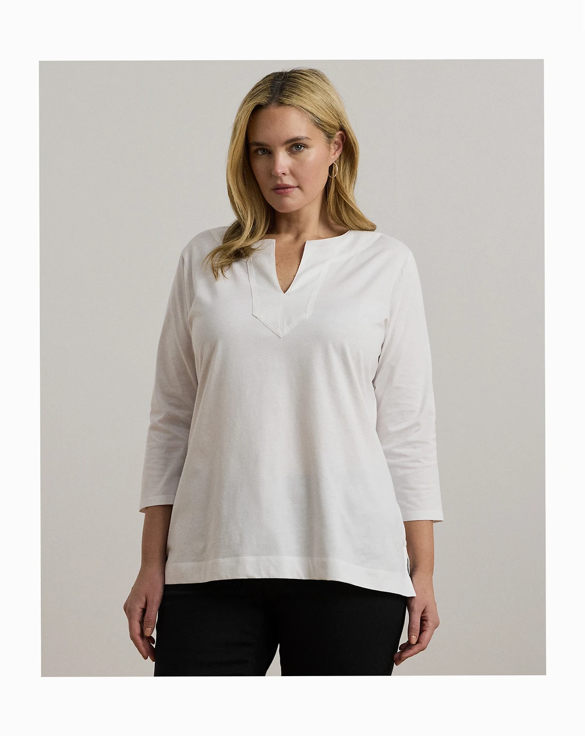 Women's Plus Size Split-Neck Three-Quarter Sleeve Cotton Tunic