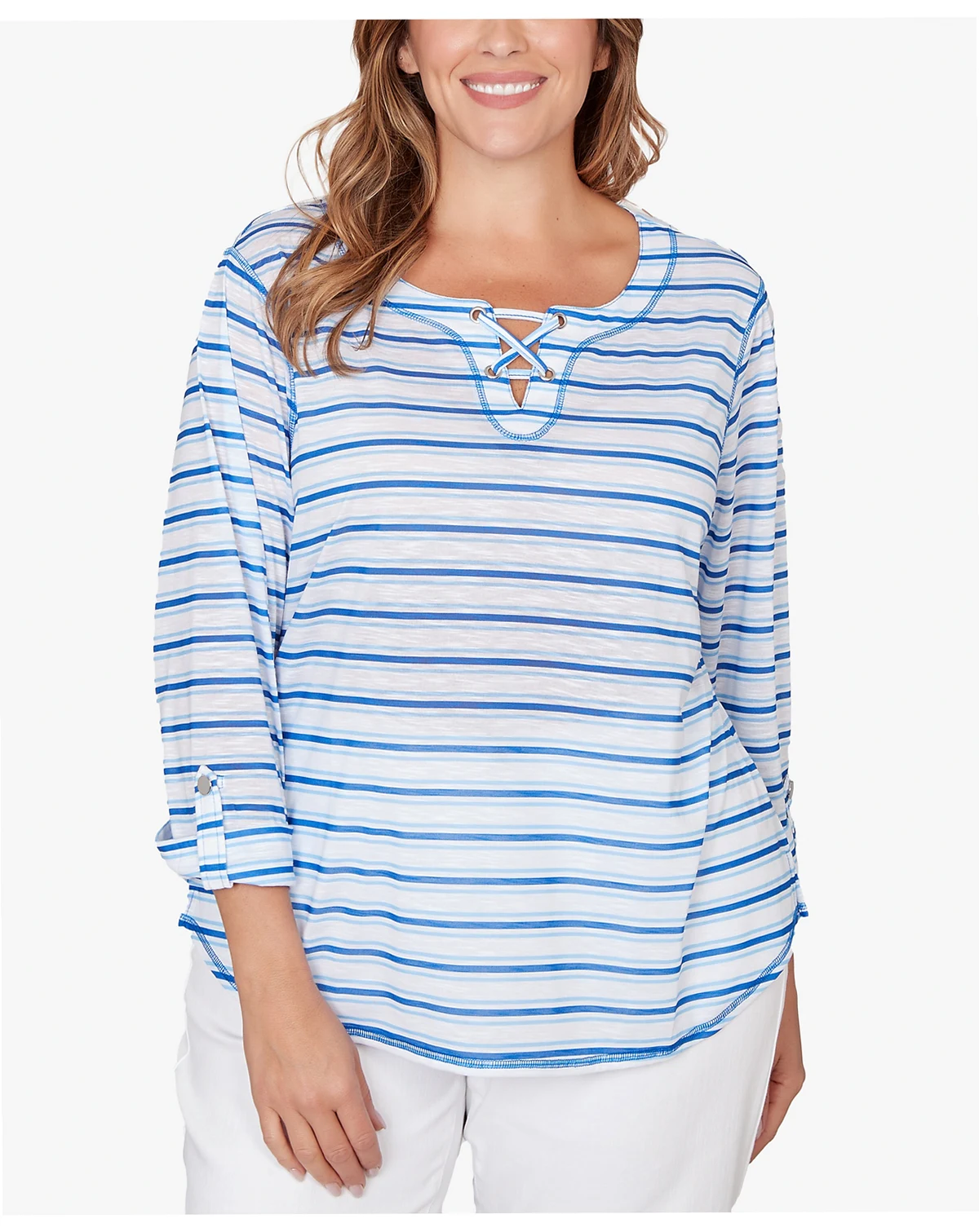 Plus Size Printed 3/4 Sleeve Roll Tab Top