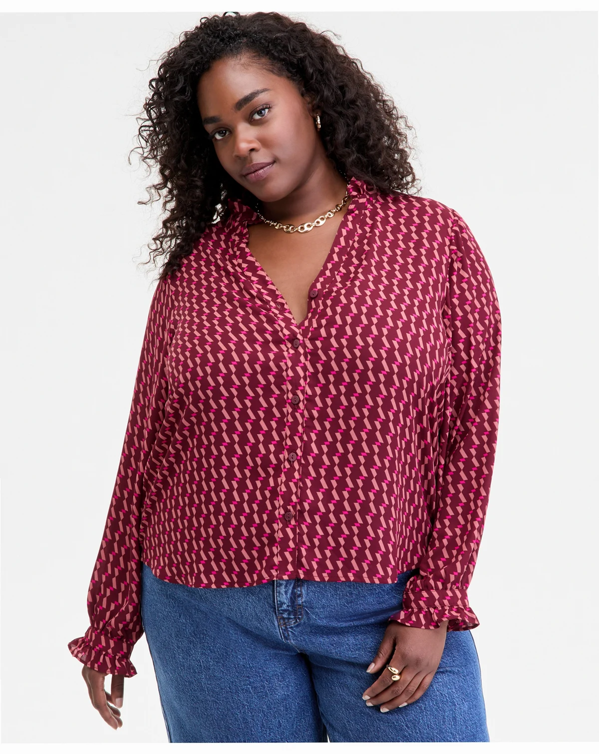 Trendy Plus Size Ruffle-Trim Split-Neck Blouse, Macy's Exclusive
