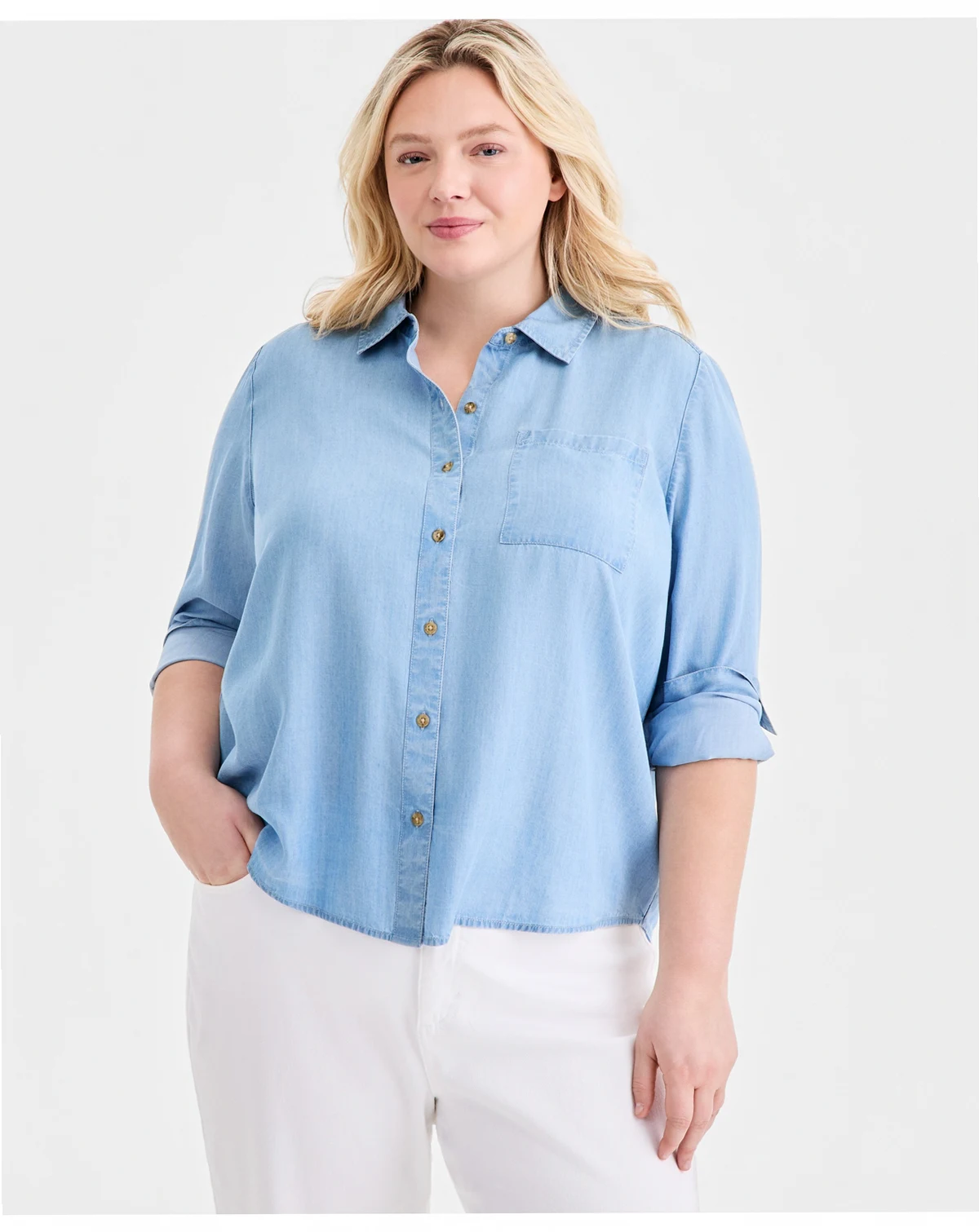 Plus Size Button-Front Chambray Shirt, Macy's Exclusive