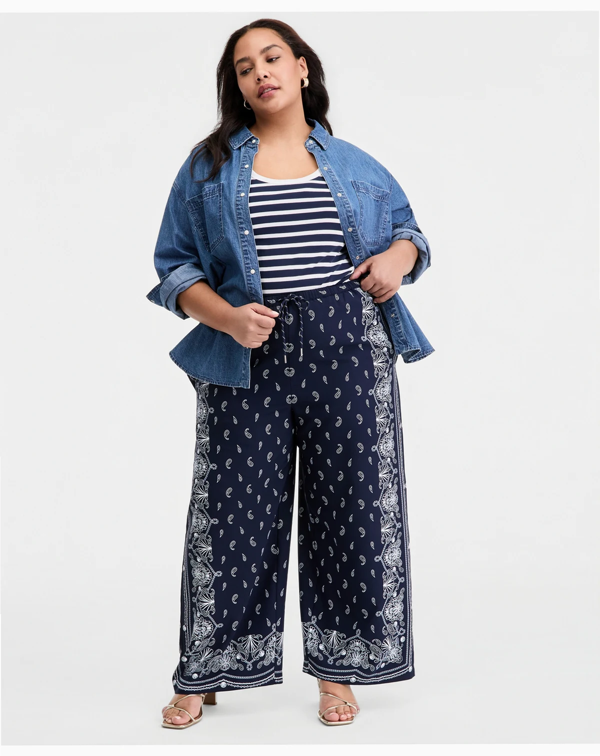Trendy Plus Size High Rise Bandana Frame Print Wide Leg Pull-On Pants, Macy's Exclusive