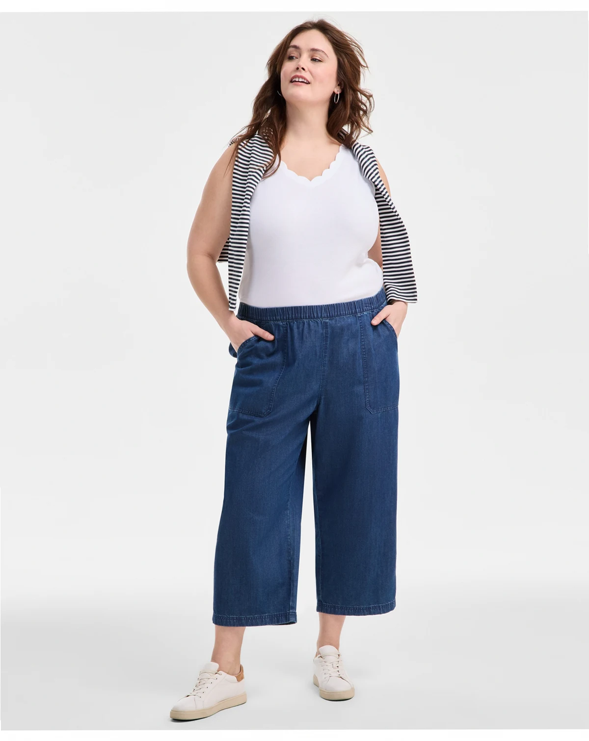 Plus Size Chambray Pull-On Cropped Pants, Exclusively at Macy's
