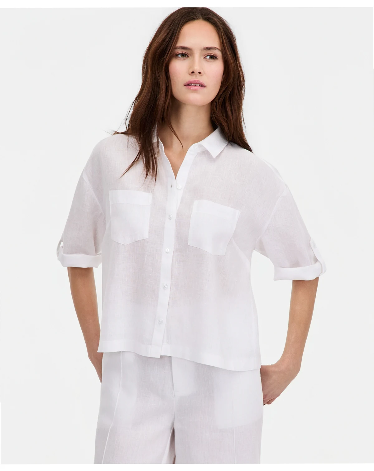 Women's 100% Linen Solid Roll-Tab Camp Shirt, Created for Macy's