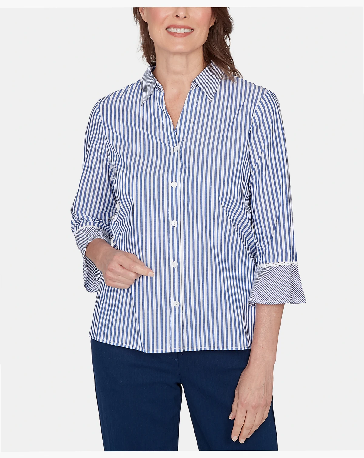 Women's  Mykonos Mixed Stripe Button-Front Lace Trim Top