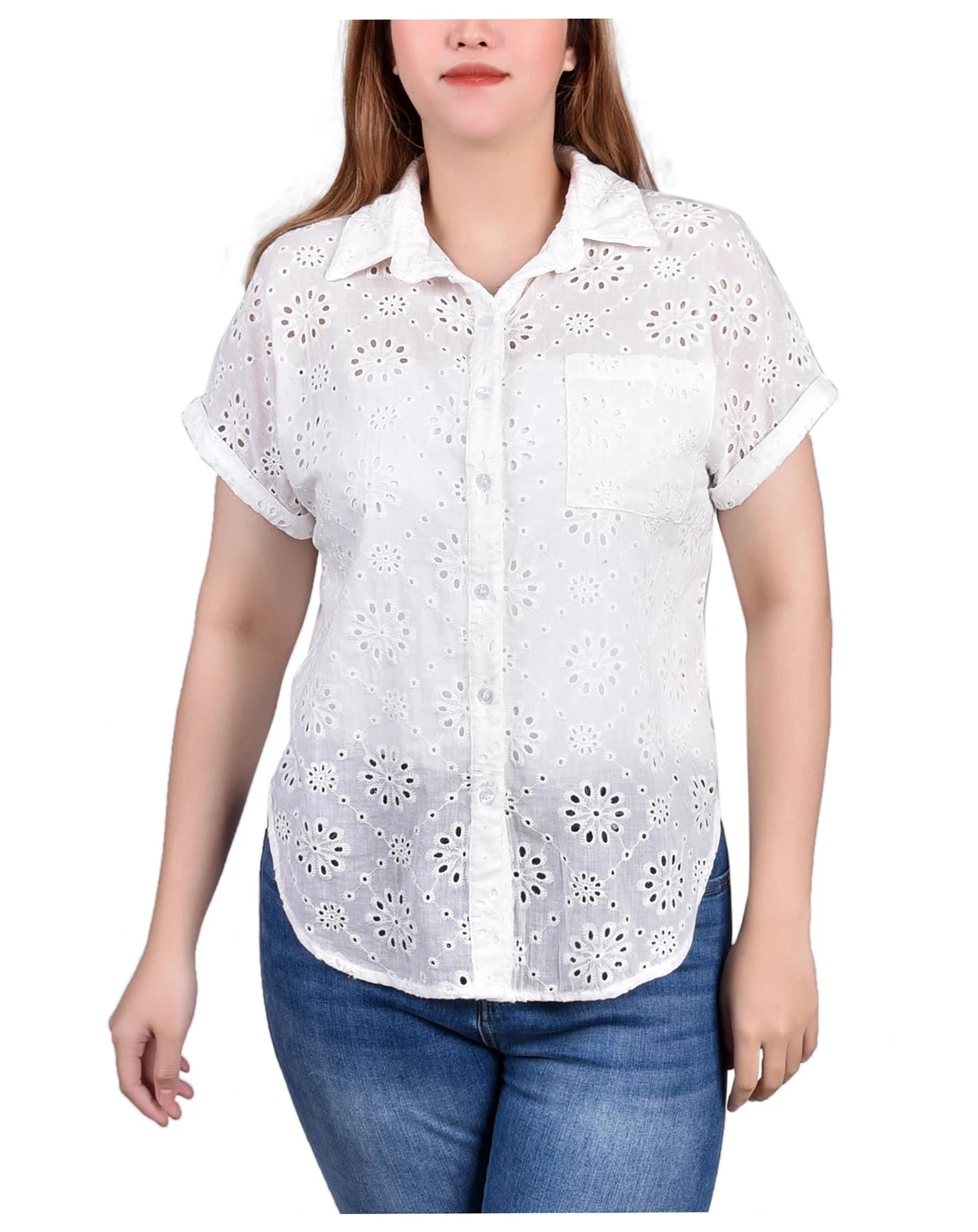 Petite Short Sleeve Eyelet Knit Back Blouse