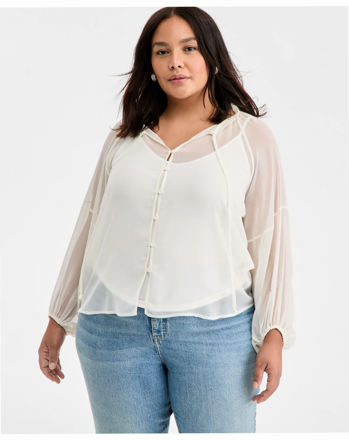 Trendy Plus Size Crinkle-Chiffon Tie-Neck Blouse, Macy's Exclusive