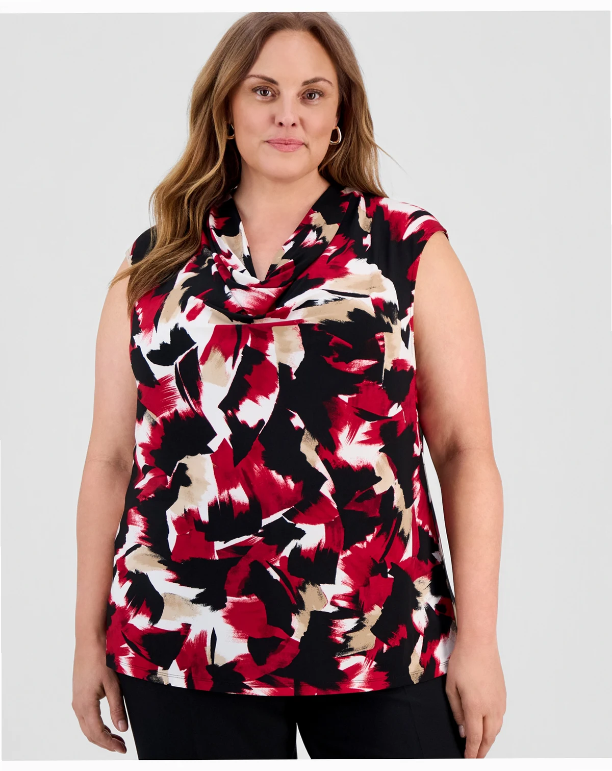 Plus Size Printed Cap-Sleeve Cowlneck Top