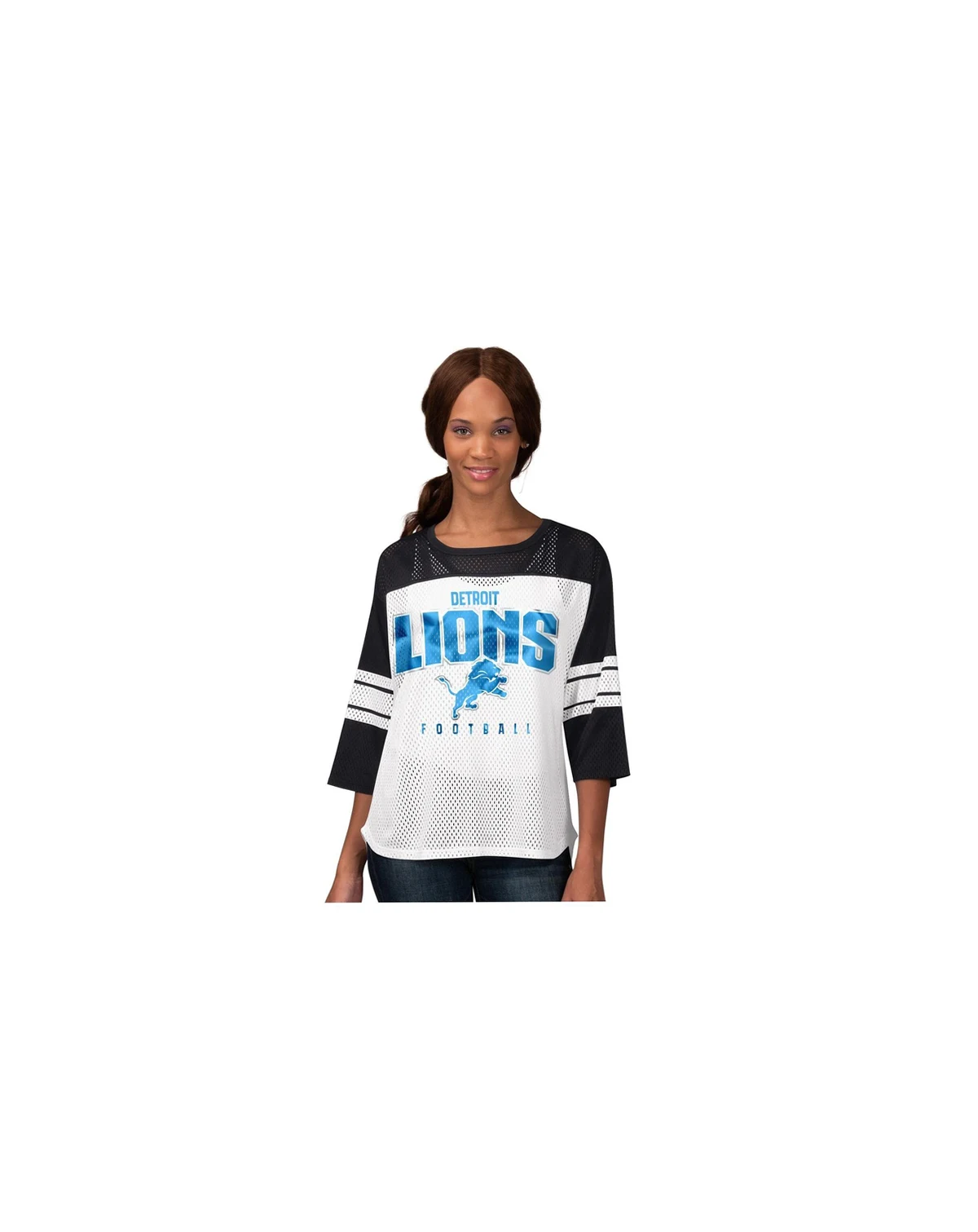 Women's Black Detroit Lions First Team 3/4-Sleeve Mesh T-Shirt