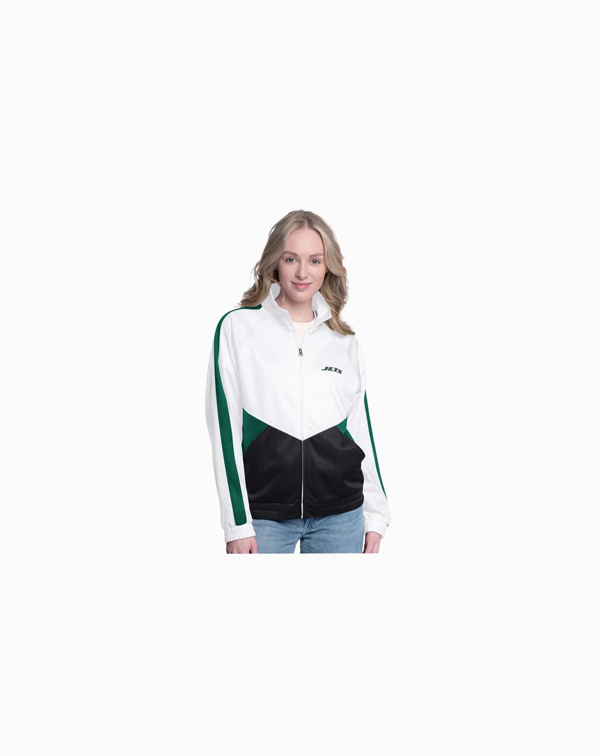 Women's White/Green New York Jets Rally Rhinestone Full-Zip Track Jacket