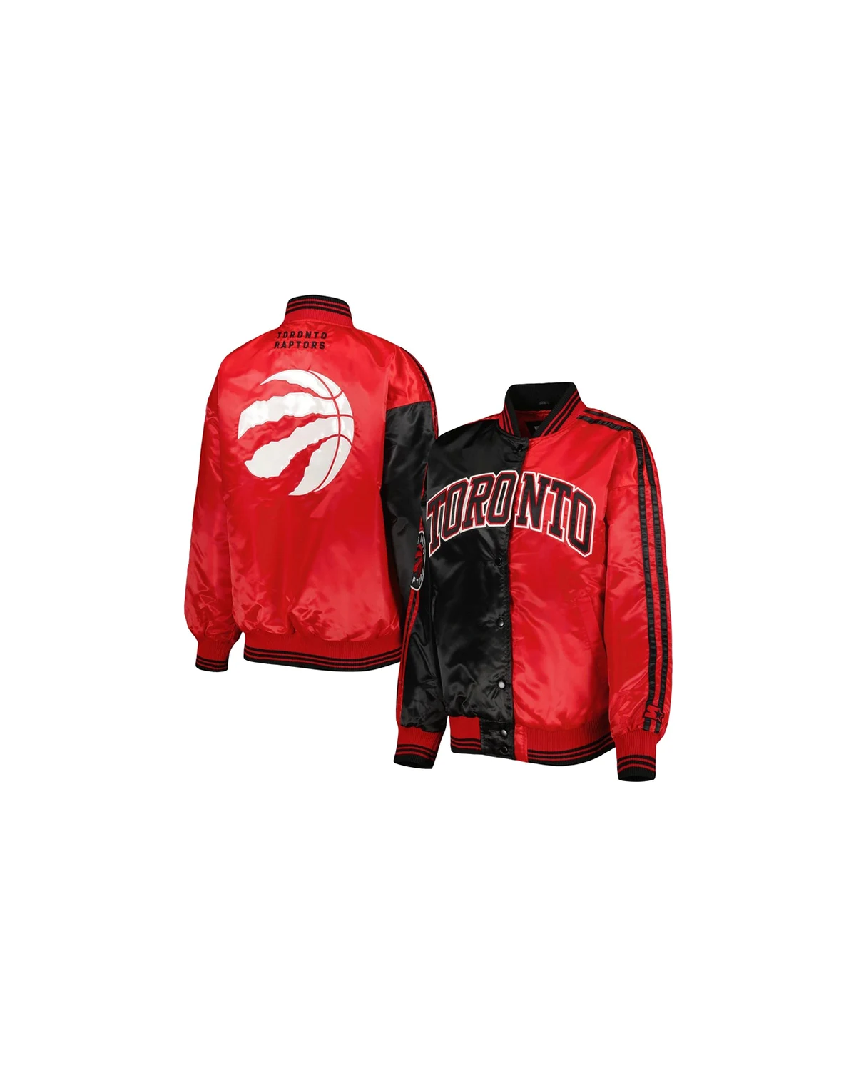 Women's Black/Red Toronto Raptors Split Colorblock Satin Full-Snap Varsity Jacket