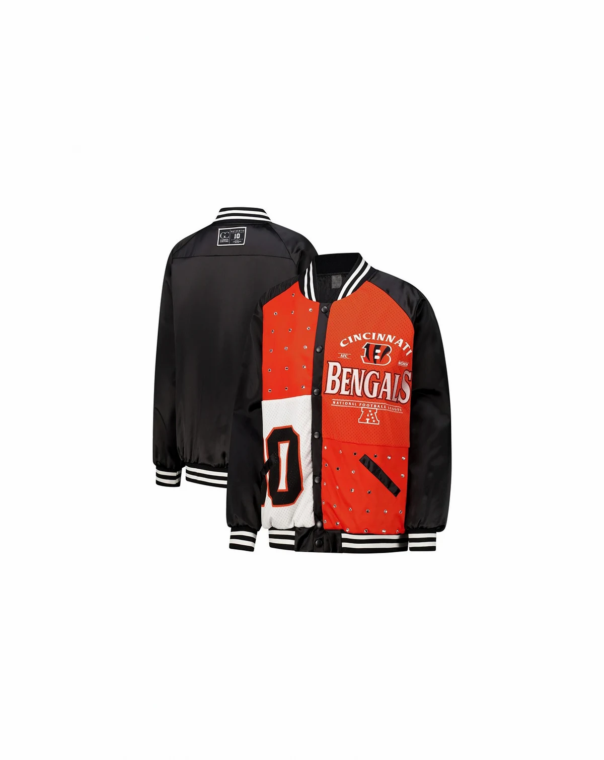 Women's Black/Orange Cincinnati Bengals Oversized Hot Shot Rhinestone Throwback Full-Snap Varsity Bomber Jacket