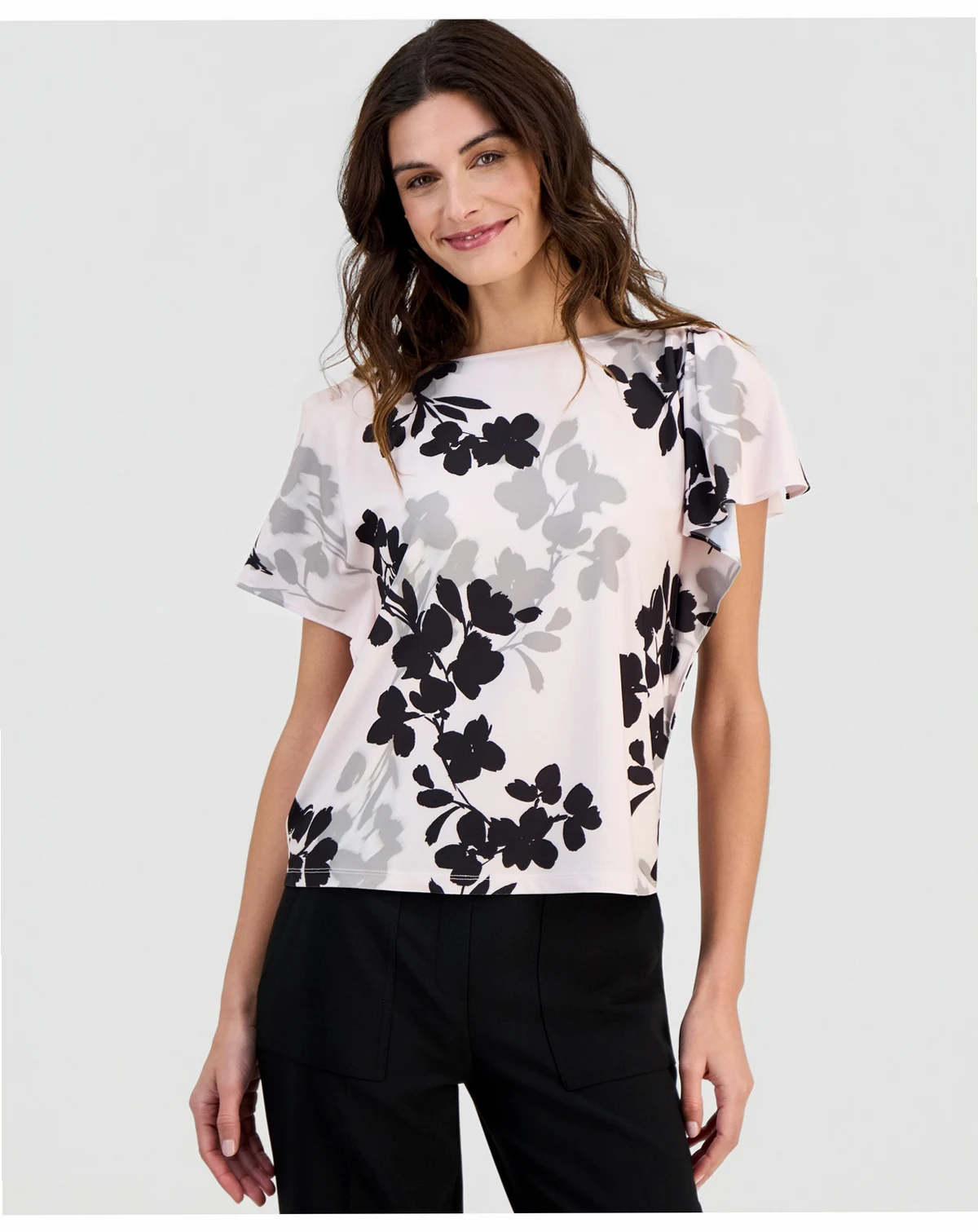 Women's Printed Cascade-Flutter-Sleeve Top