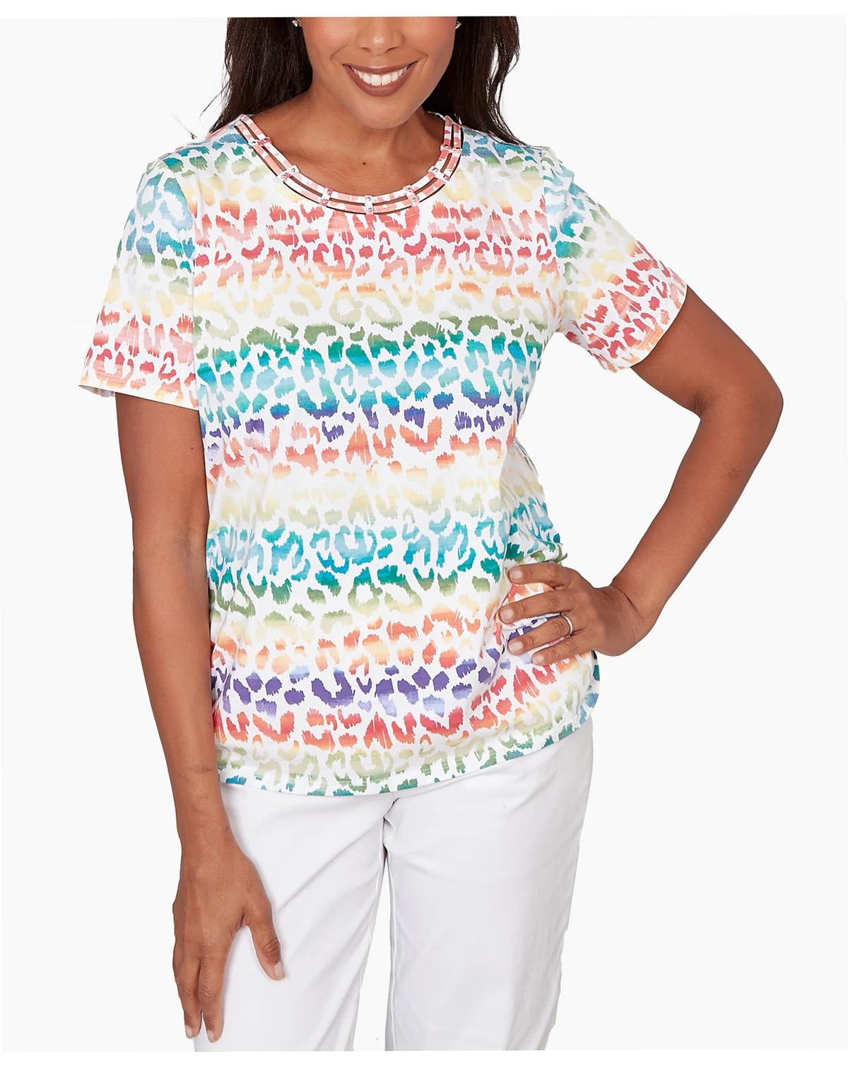 Women's Rainbow Animal Print Beaded Neck Ruched T-Shirt
