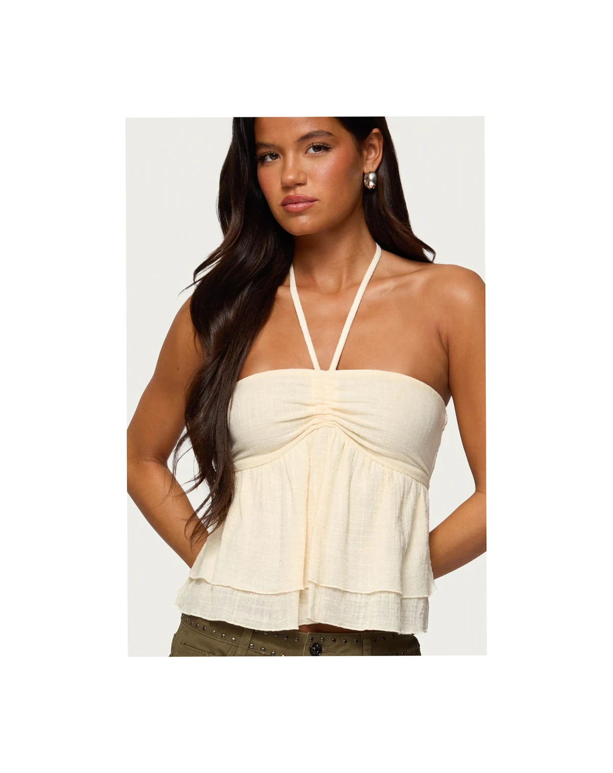 Womens Layered Linen Look Babydoll Halter Top