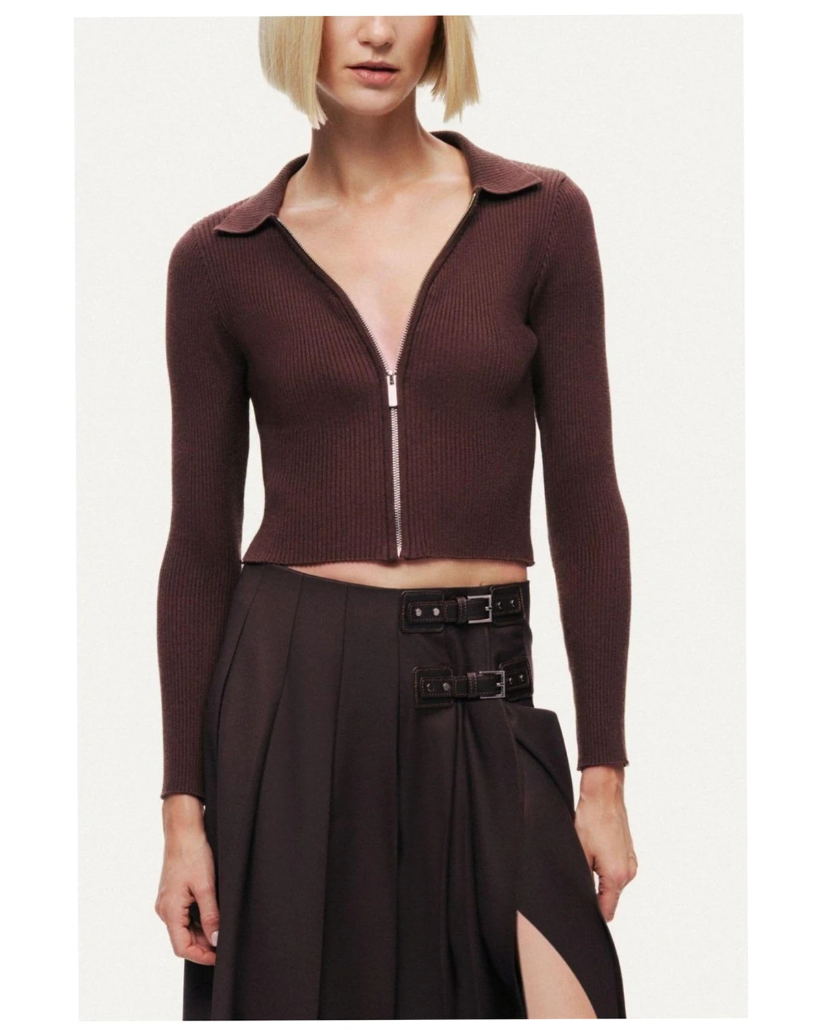 Women's Zip-Front Ribbed Knit Top