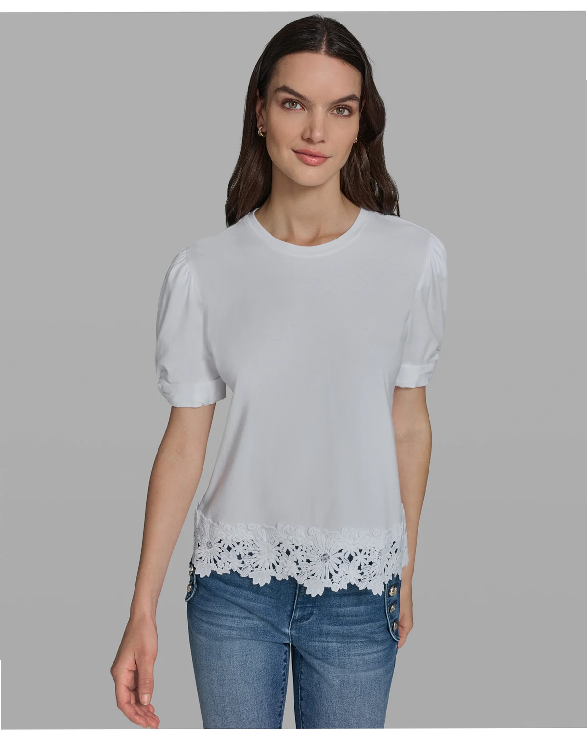 Women's Crew Neck Short-Sleeve Floral Crochet-Trim Top