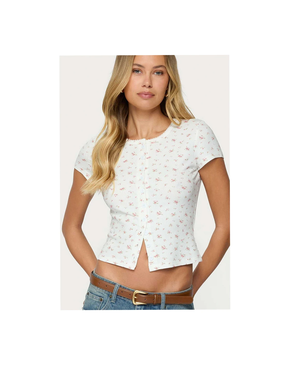 Women's Odella Floral Ribbed Button Up Top