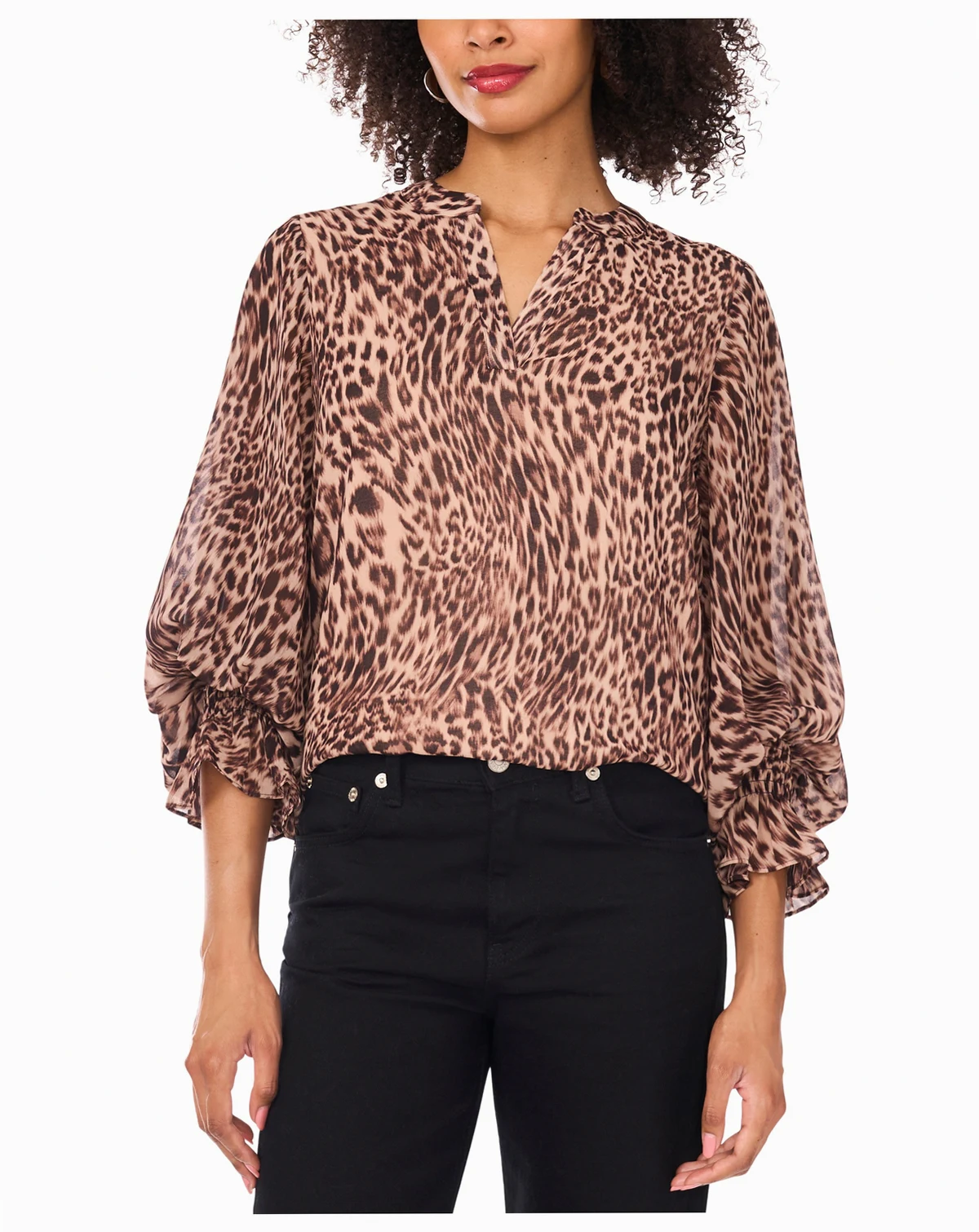 Women's Animal-Print Long Sleeve V-Neck Blouse