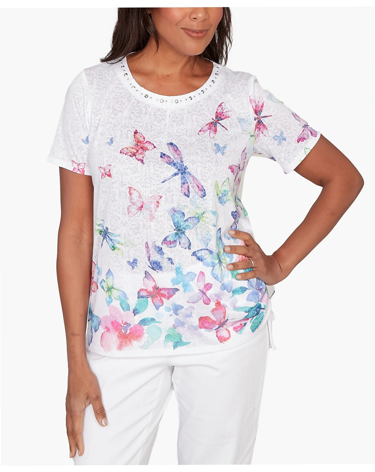Women's Crew Neck Butterfly Beaded Side Tie Ruched T-Shirt