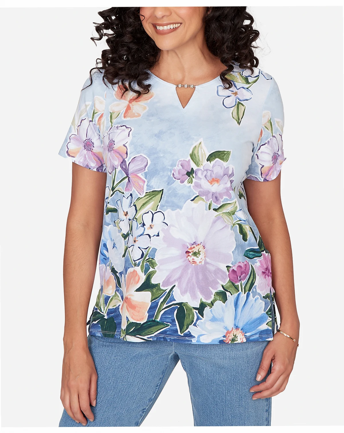 Women's Artisan Floral Split Neck T-Shirt