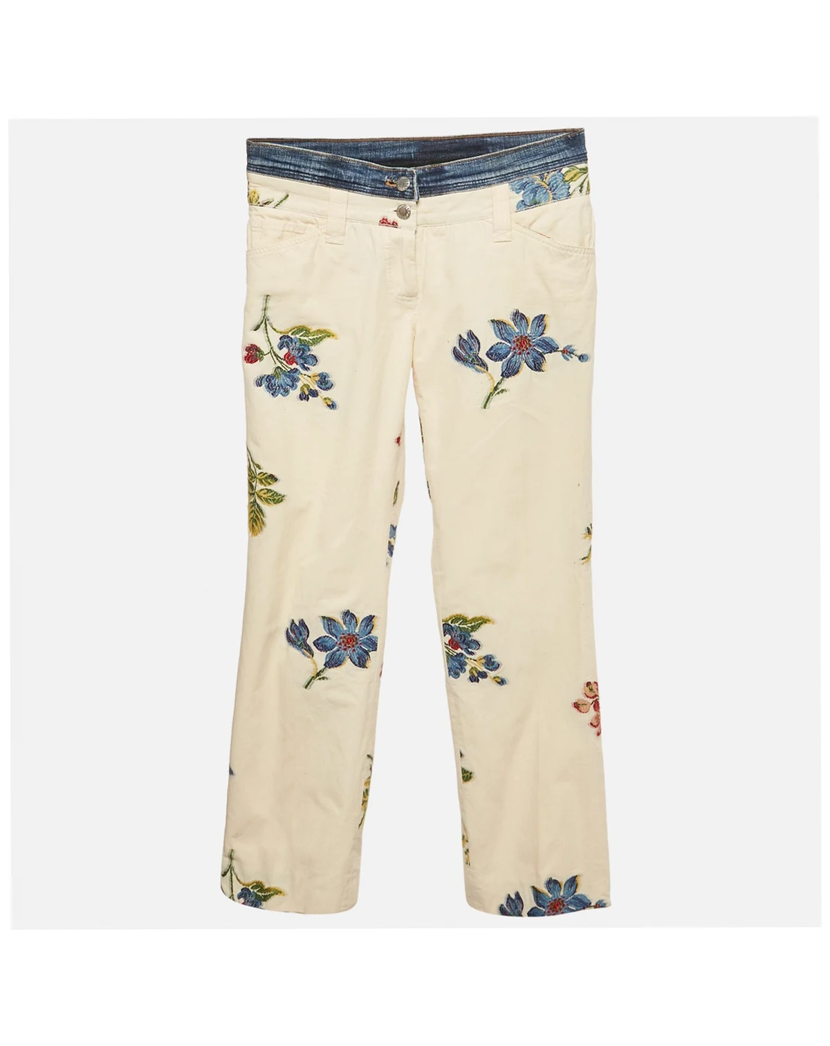 Women's Cream Floral Cross Stitch Printed Cotton Pants