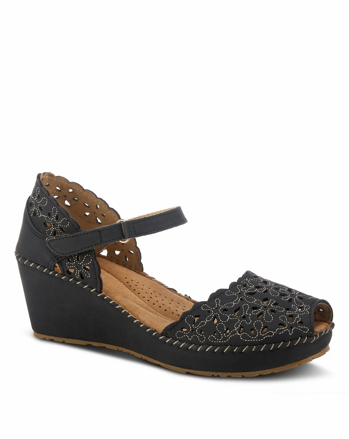 Women s GENNINA Embroidered Laser-Cut Peep-Toe Wedge with Adjustable Strap