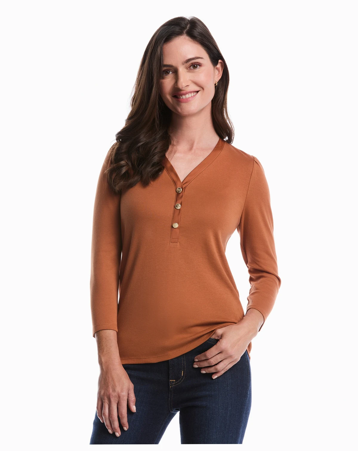 Petite 3/4 Puff Sleeve V-Neck Top