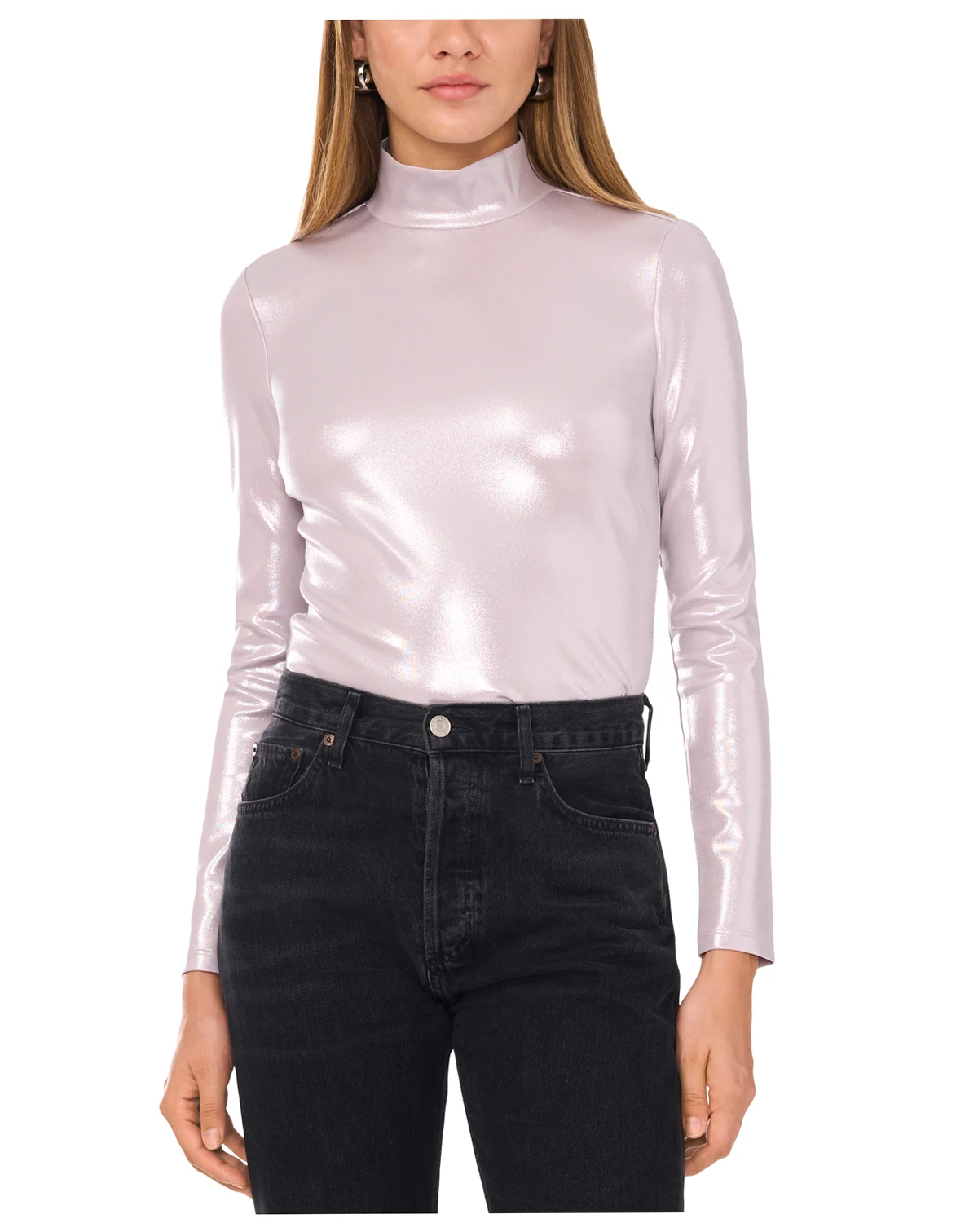 Women's High-Neck Long-Sleeve Metallic Top