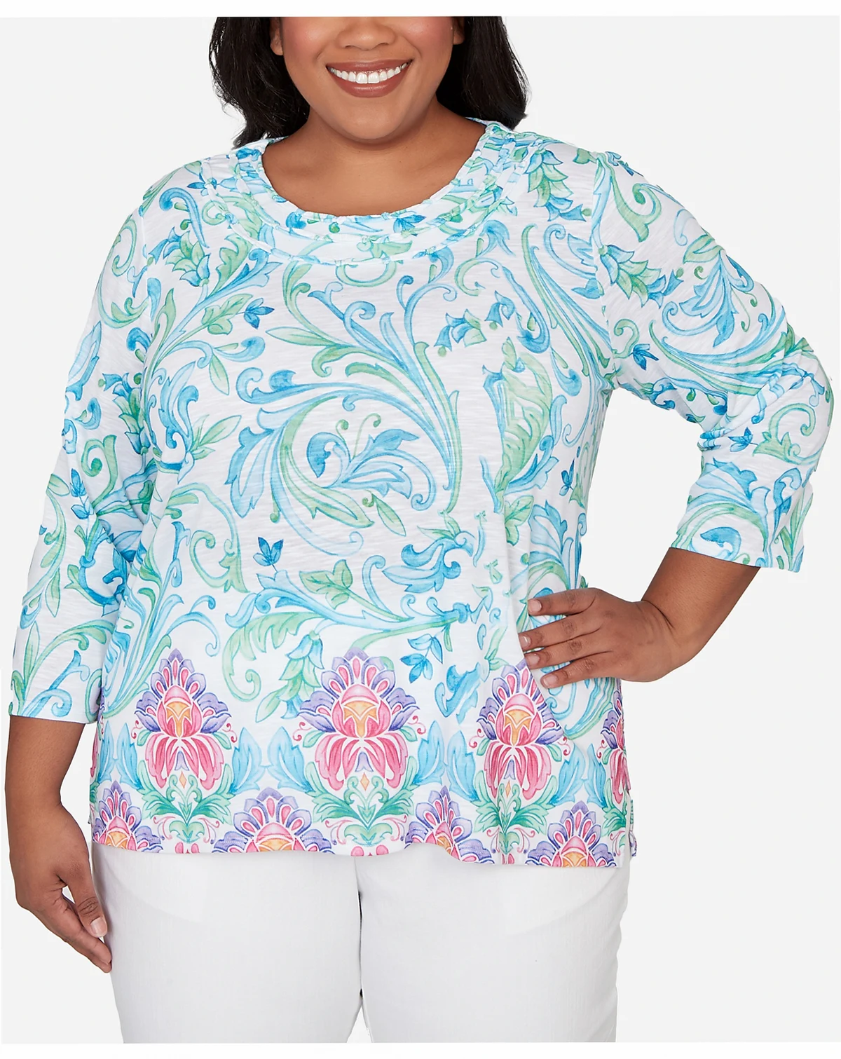 Plus Size Classic Scroll Border Embellished Neck Top